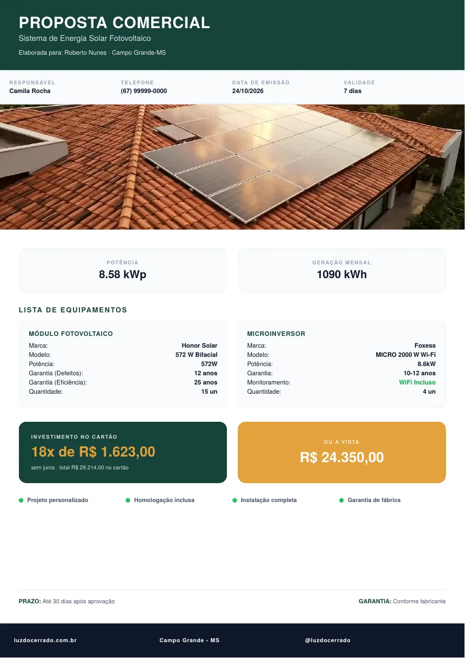 Proposta de uma folha com equipamentos e preço à vista e no cartão